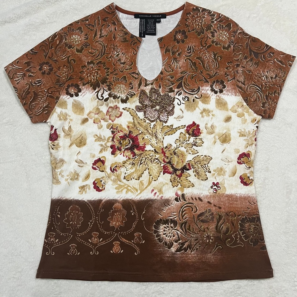 Michelle Nicole‎ Brown Floral Beaded embroidery Keyhole Neck Top glitter XL